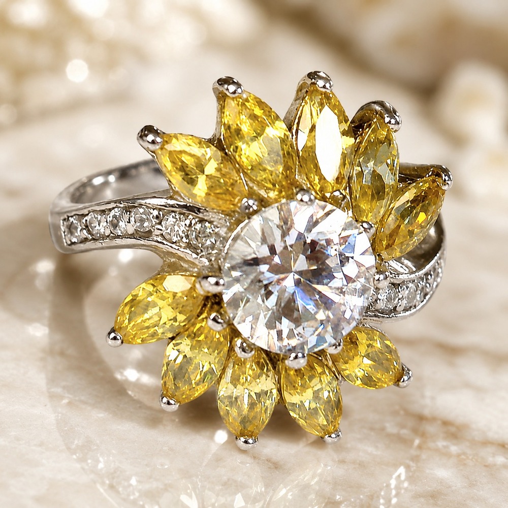 925 Sterling Silver Sunflower Ring Yellow Clear CZ Cocktail Ring Size 8.25
